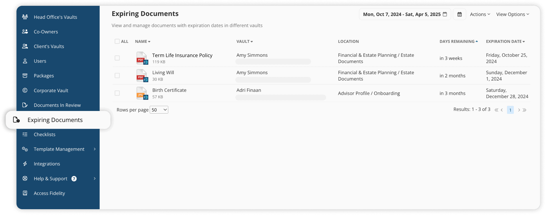 Expiring Documents in FutureVault